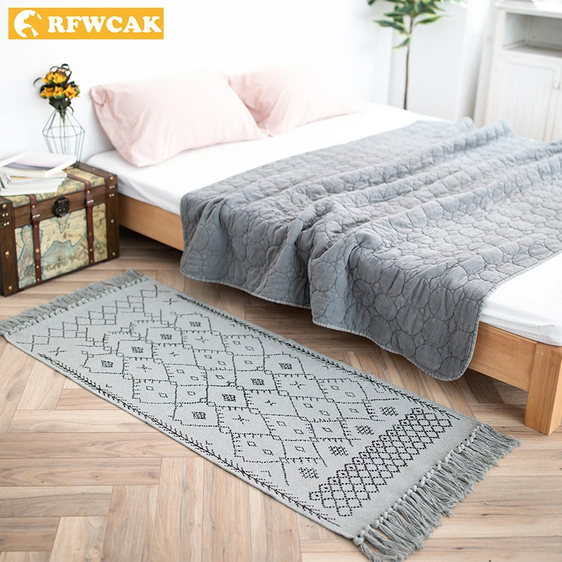 

Nordic Japanese Style Retro Small Area Carpet Simple Hand Cotton Weaving Tassels Solid Color Mat For Sofa Living Room Window Rug