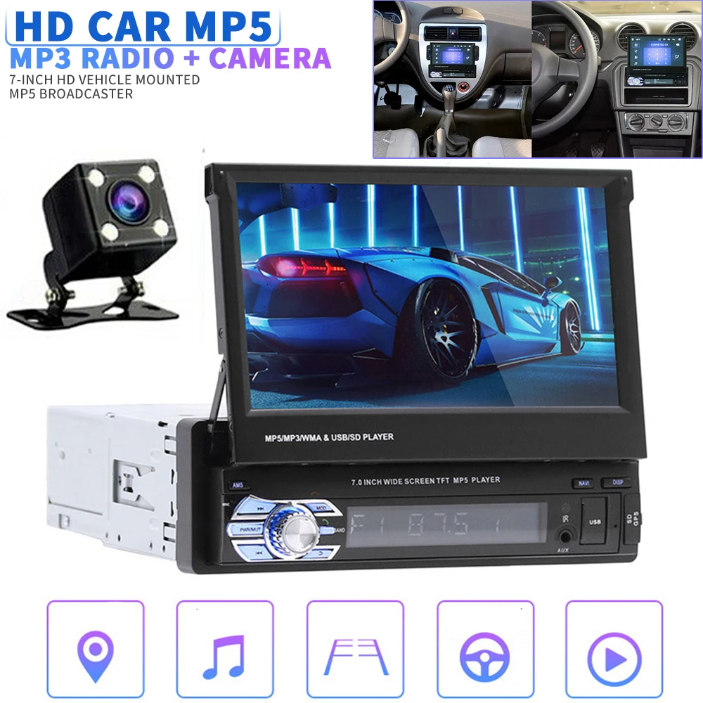 

Car Stereo Audio Radio bluetooth-compatible 1DIN 7" Retractable Touch Screen Monitor MP5 Player FM Receiver USB Rear View Camera