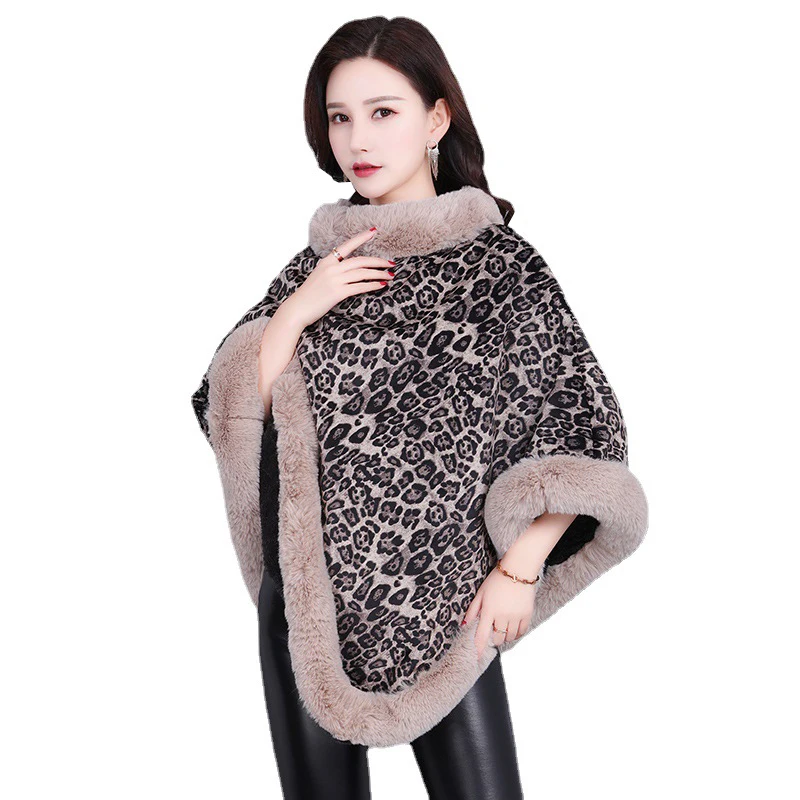 

Fashion Leopard Soft Faux Rabbit Fur Poncho Coat Thicken Warm Fluffy Lining Pullover Cape Women Winter New Wraps Shawl Outerwear
