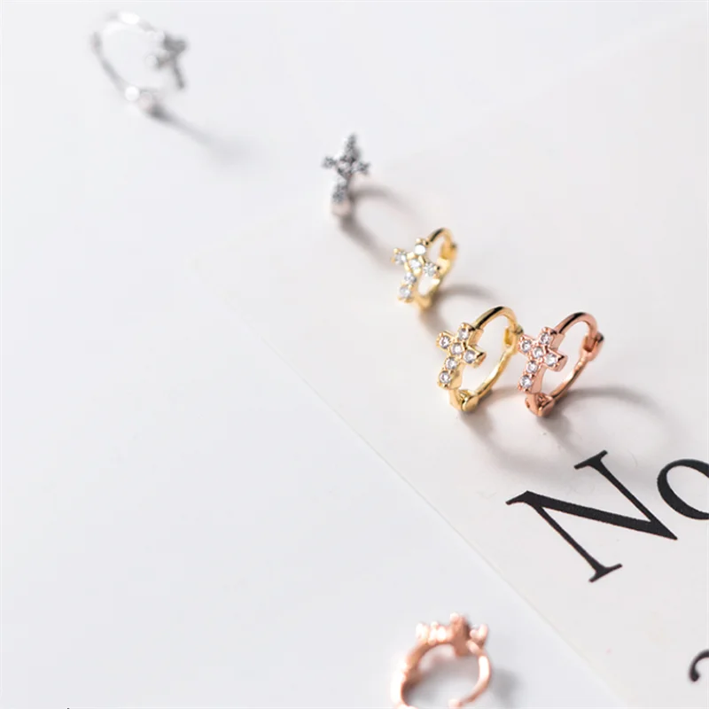 

WANTME Minimalist Real 925 Sterling Silver Mini Small Cross Ear Buckle for Women Religious Ethnic Party Jewelry Charm Earrings