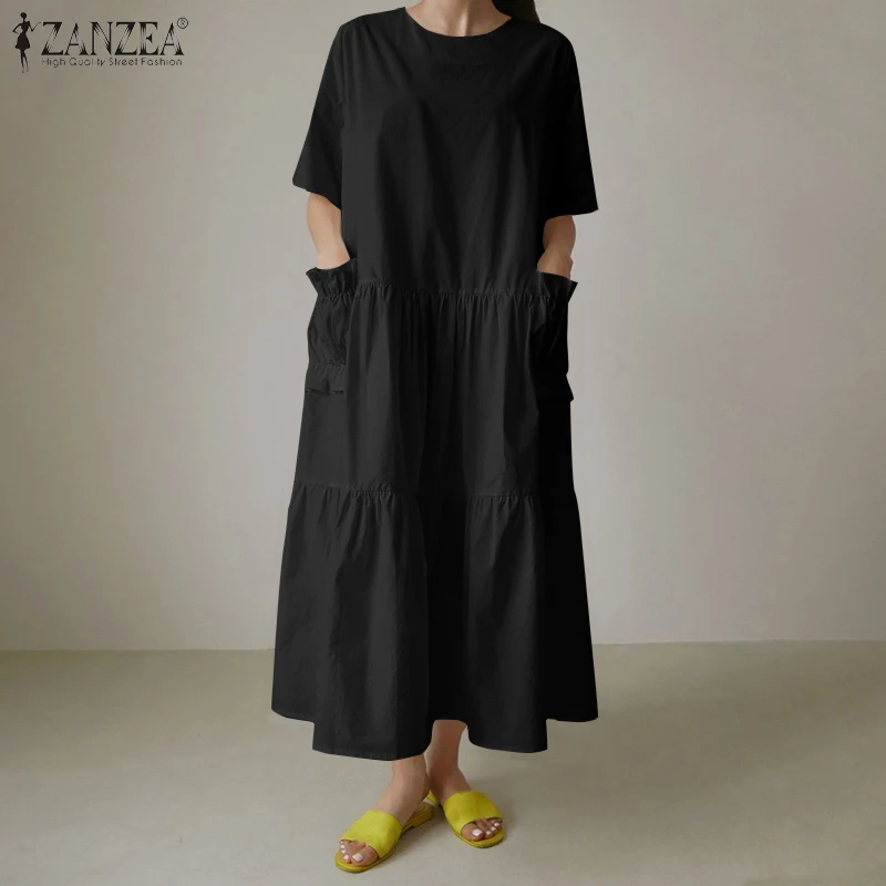 

ZANZEA Woman Summer Short Sleeve Midi Vestidos Baggy Dress Femme Stylish O-Neck Robe Famale Casual Pockets Sundress Dresses 2021