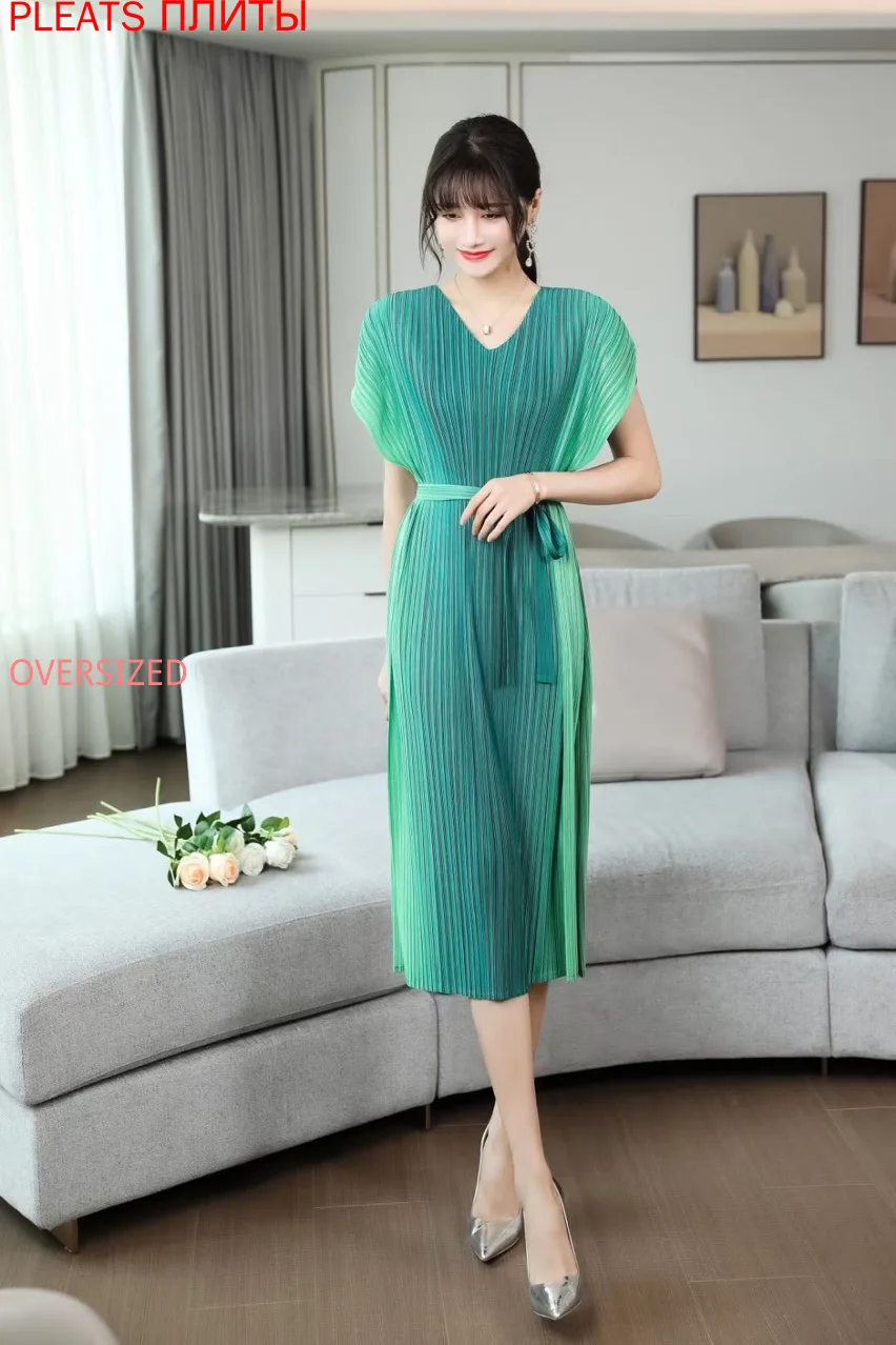 

New Style Plus Size Women's Miyake Pleated V-neck Waist Mid-length Dress Fashion Atmospheric Gradient Pleats Shein Elegant Dress