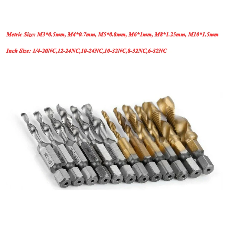 

12PCS M3-M10 Hex Shank Titanium Plated HSS Screw Thread Metric & Inch Tap Drill Bits Set+Box High Speed Steel M3 M4 M5 M6 M8 M10