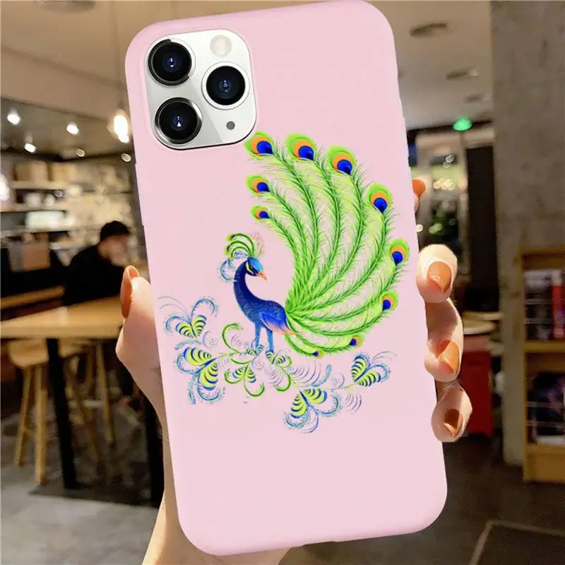 

Peacock beautiful art fashion design luxury Phone Case funda Candy Color for iPhone 6 7 8 11 12 s mini pro X XS XR MAX Plus