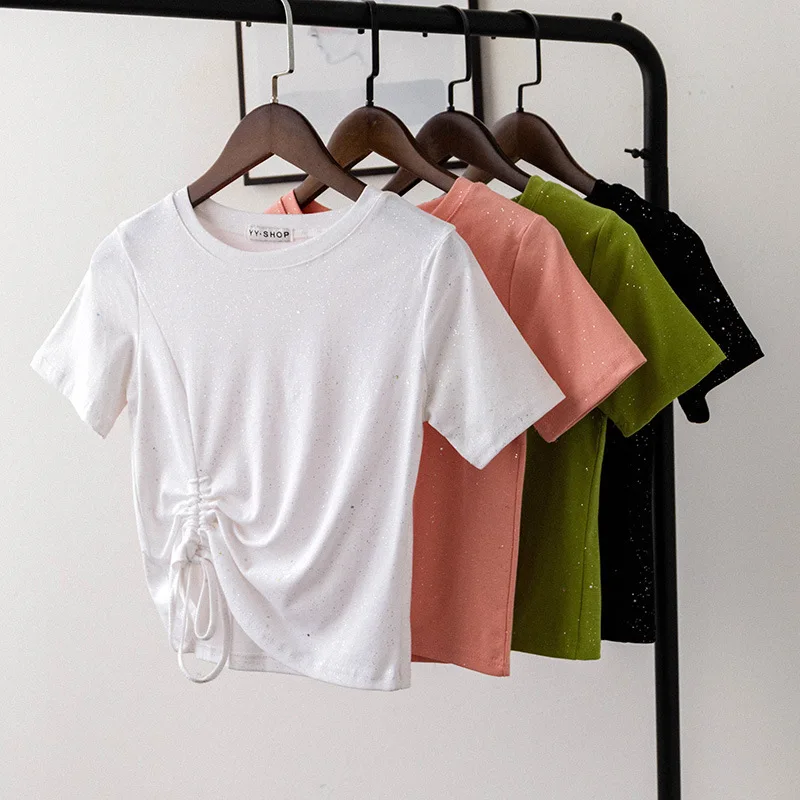 

Drawstring Tie Was Thin Solid Shiny T-shirt Summer New All-match Sweet Hedging Irregular Short-sleeved T-shirt Women Tops Tee