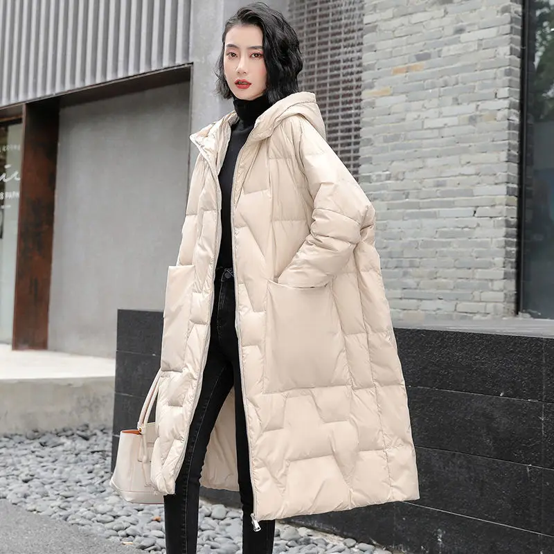 Winter 2021 new down jacket women's long wide version large size hooded white duck down warm coat for cold weather fat girls