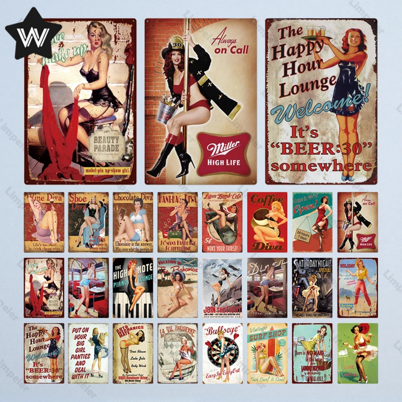 

Pin Up Girls Metal Sign Plaque Metal Vintage Pub Funny Sexy Tin Sign Wall Decor for Pub Club Man Cave Bar Decoration Tin Posters