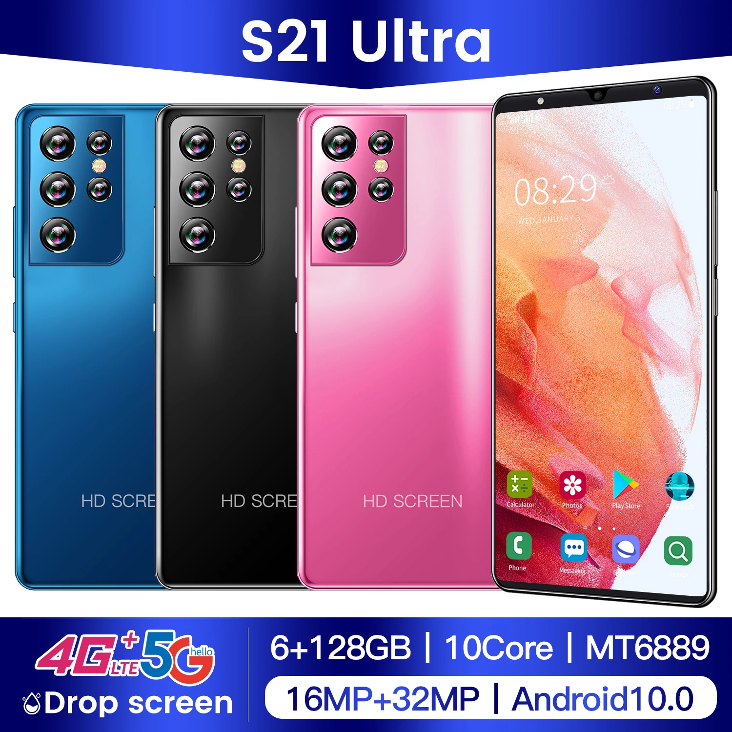 

New S21 Ultra 5.0 Inch Global Version Smartphone 6GB+128GB HD Full Screen 16MP+32MP Camera 5000mAh Big Battery Android Cellphone