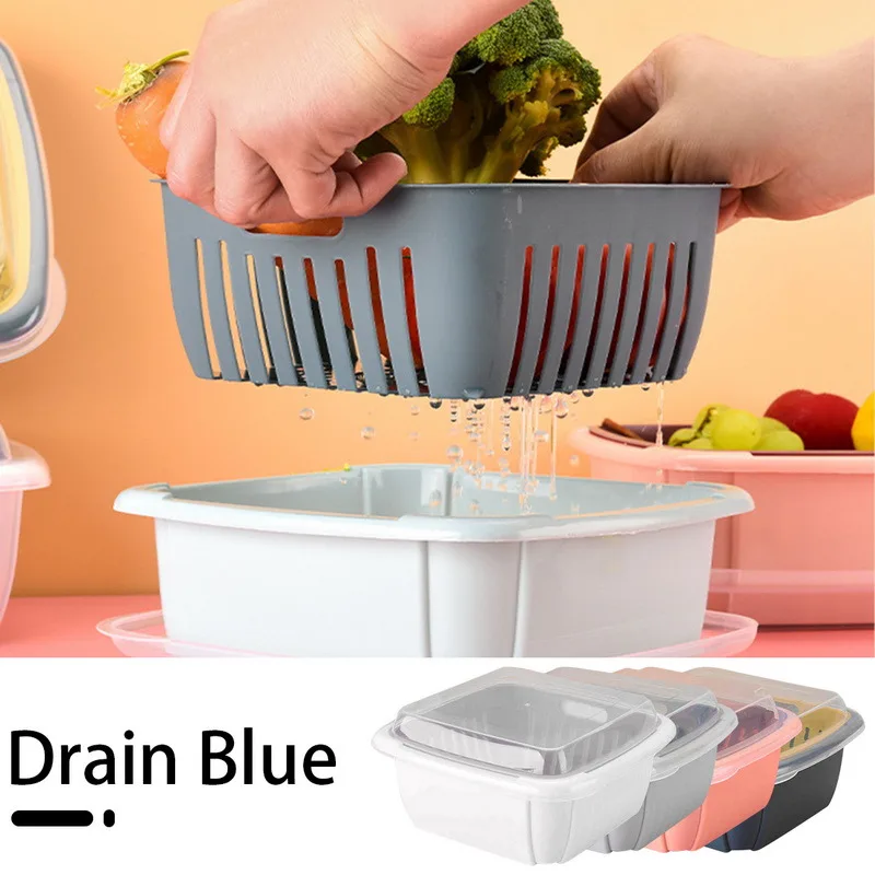 

Double-Layer Drain Basket Lid Refrigerator Crisper Fruit Snack Storage Boxes Square Large Washing Vegetable Baskets Organizer