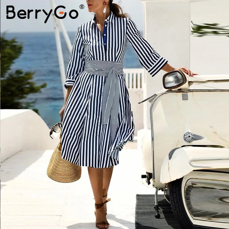 BerryGo элегантное офисное женское платье в полоску Повседневная Осенняя рабочая