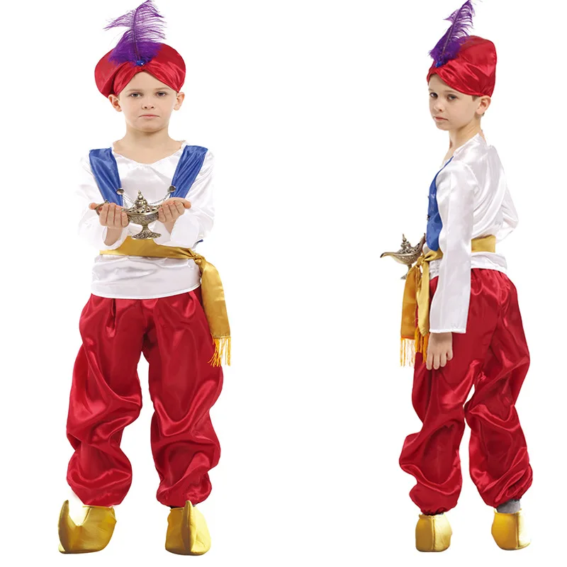 

Boys Anime Arabian Prince Lamp Shirt Pants Outfit Halloween Cosplay Costumes Masquerade Carnival Party Role Play Dress Up Suit