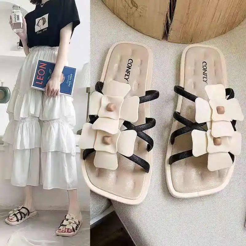 

Women's Slippers Women's Square Toe PU Leather Slippers Women's Summer Flat Sandals Plus Size Flat Sandals 34 - 43