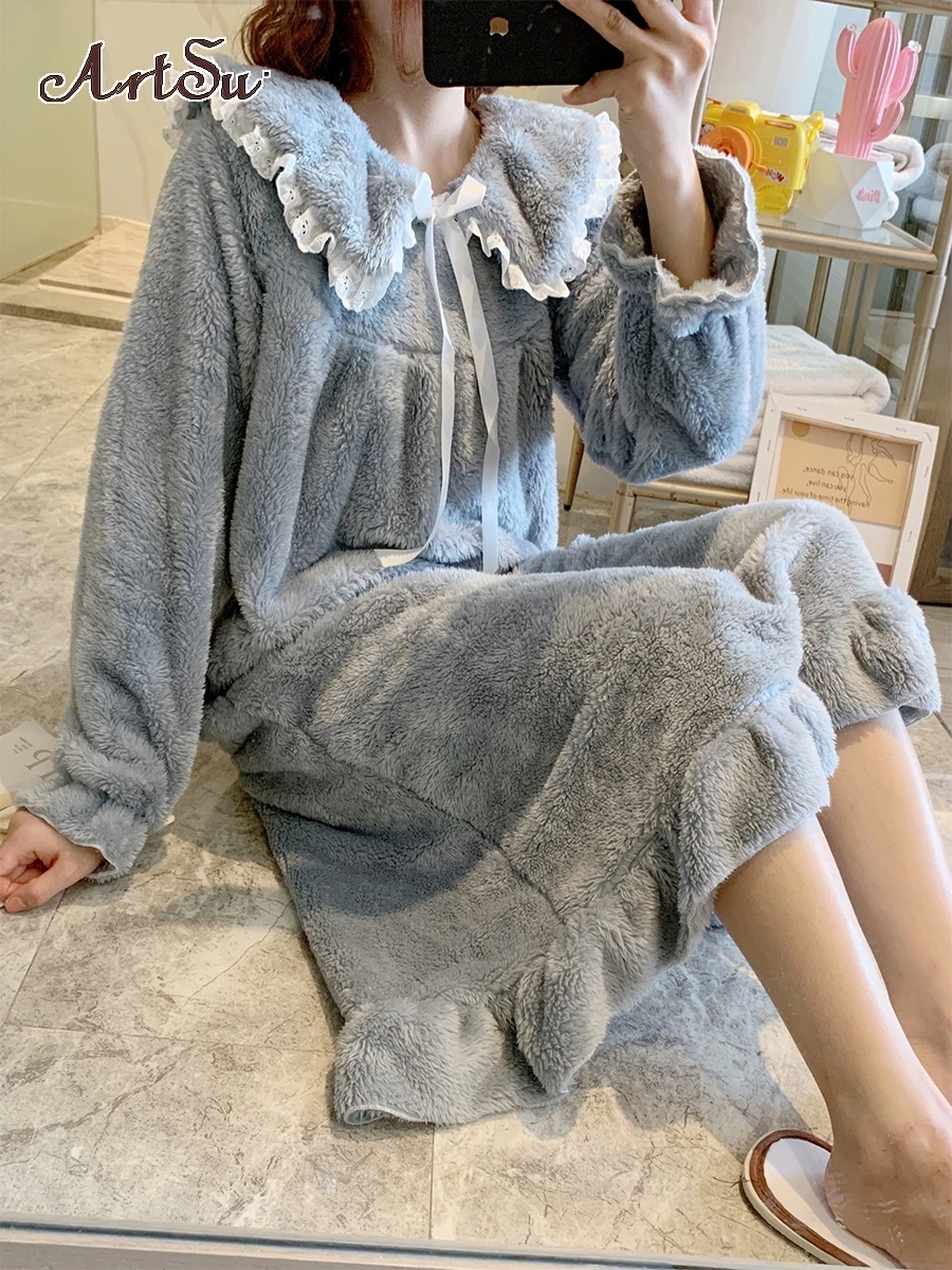 Artsu Cute Heart Fur Suit Set Home Wear Dresses Outfits Women Winter Warm Fur Cute Kwaiit Dress Party Night Female Clothings images - 6