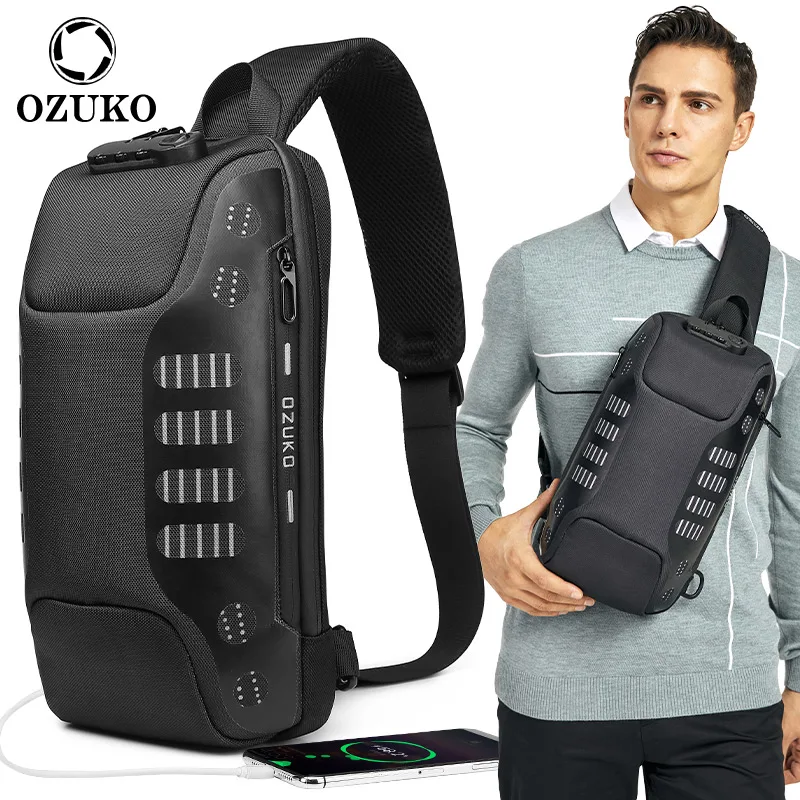 

OZUKO New Men Multifunction USB Male Shoulder Bag Waterproof Anti-theft Fashion Sling Messenger Bags Mens Crossbody Chest Pack