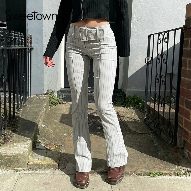 Pantaloni Joggers Y2K a righe bianche Sweetown pantaloni svasati Streetwear a vita bassa da donna con fusciacca pantaloni Vintage grigio estetico anni '90