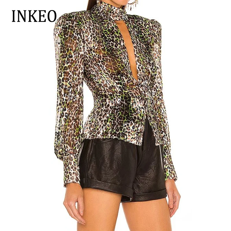 

Sexy Chiffon Leopard print Women's Blouse Spring Fashion Puff sleeve Hollow out Ladies Shirt See-through Tops 2022 INKEO 1T092
