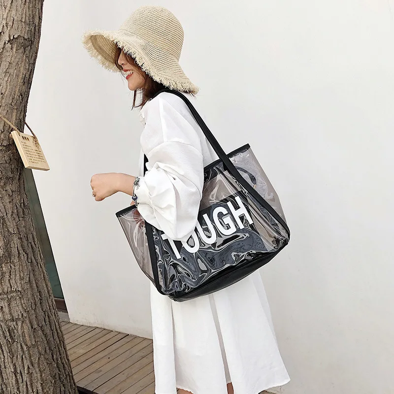 Прозрачная пляжная сумка 2020 большая женская Желейная с большой ручкой сверху