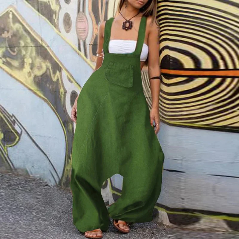 

Summer Vintage Off Shoulder Backless Romper 2021 Spring Solid Cargo Pants Overalls Playsuit Casual Women Cotton Linen Jumpsuits