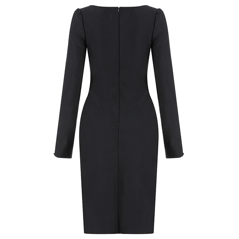 

Beateen Vintage V Neck Lace Long Sleeve Knee-Length Bandage Wrap Dress 2019 New Women Party Elegant Black Vestidos