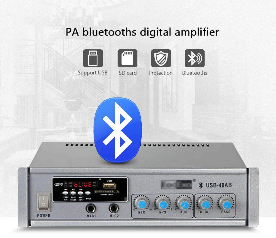 Oupushi Профессиональный Усилитель 2 way вход для микрофона pa bluetooths цифровой усилитель с пультом дистанционного управления USB декодирования и MP3 воспроизведения