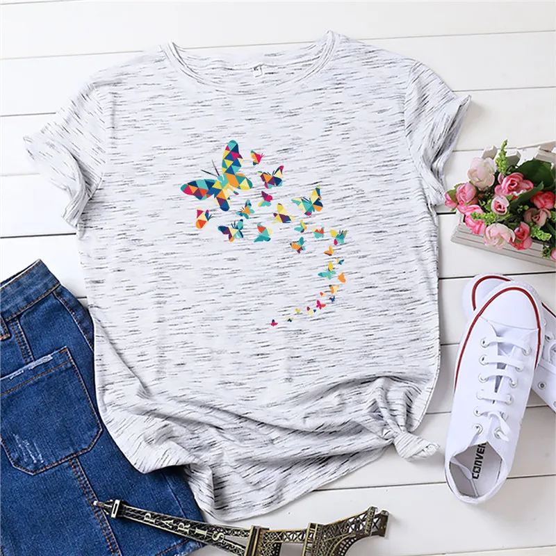 

Plus Size Woman Tshirts 100%Cotton Butterflies Print T-Shirt Oversize O Neck Short Sleeve Graphic Tees Women T-shirts Camisas