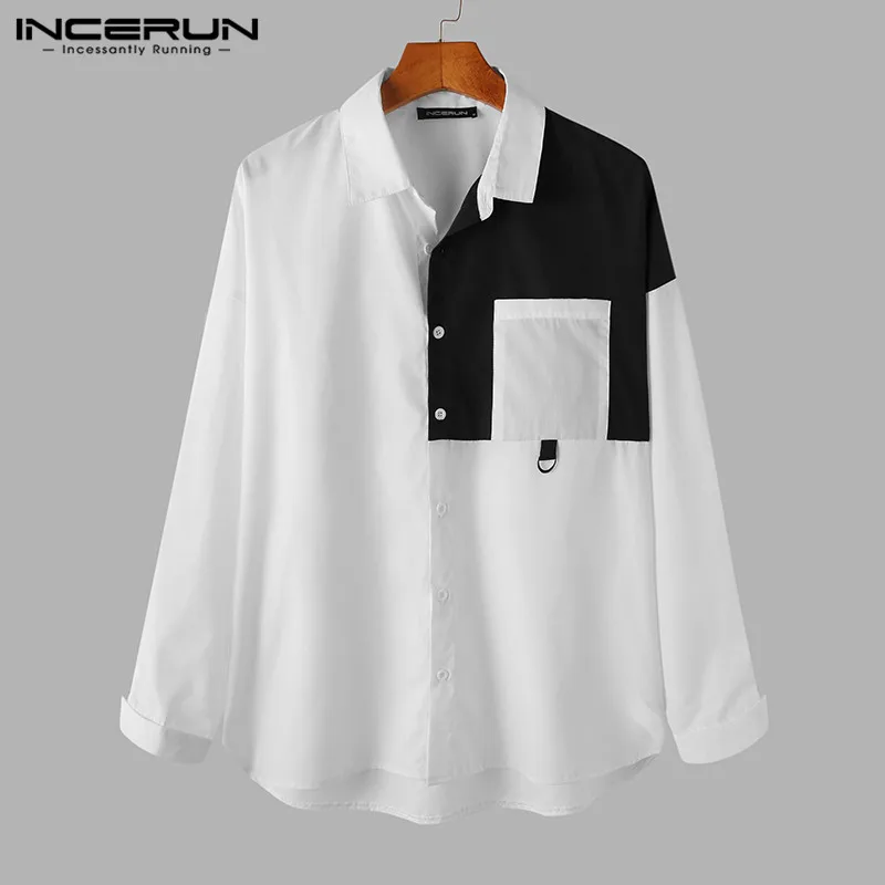 

Fashion Patchwork Men Shirts INCERUN Long Sleeve Lapel Brand Blouse Man Irregular Stitching Shirts Casual Pockets Chemise S-5XL