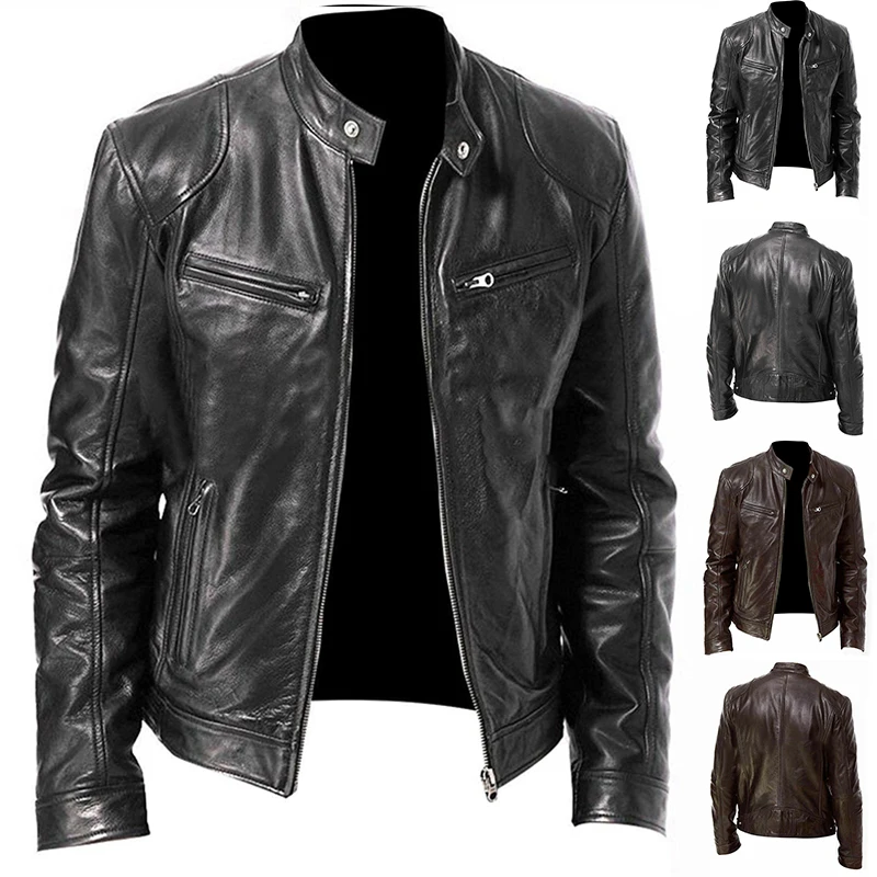

Men Jacket Tide Autumn Winter Standing Collar Slim Fit Zipper Vintage Classic Leather Coat