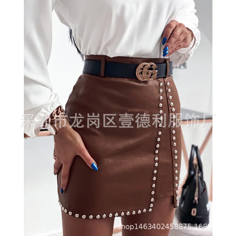 

Sexy Women Mini Skirt Pu Leather Skirt Rhinestone Elengant High Waist Leather Penci Skirt Pearl Decor Autumn Streetwear Clothes