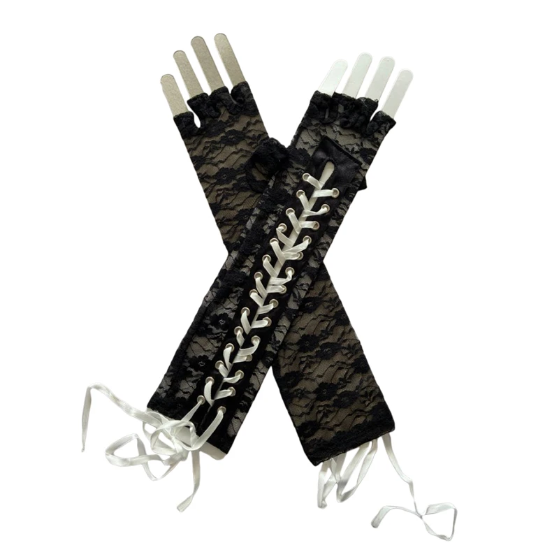 

Sexy Lace Long Gloves Winter Elbow Length Half-finger Gloves Ribbon Fingerless Fishnet Mesh Etiquette Party Gloves
