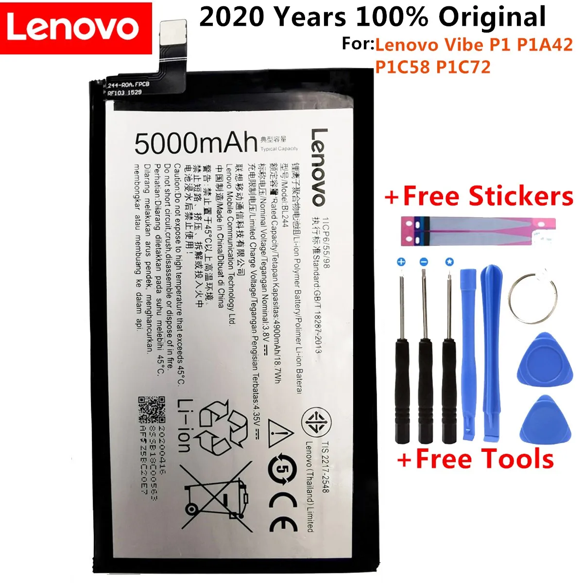100% Original New High quality Real 5000mAh BL244 battery Batterie for Lenovo Vibe P1 P1A42 P1C58 P1C72 +Gift Tools +Stickers