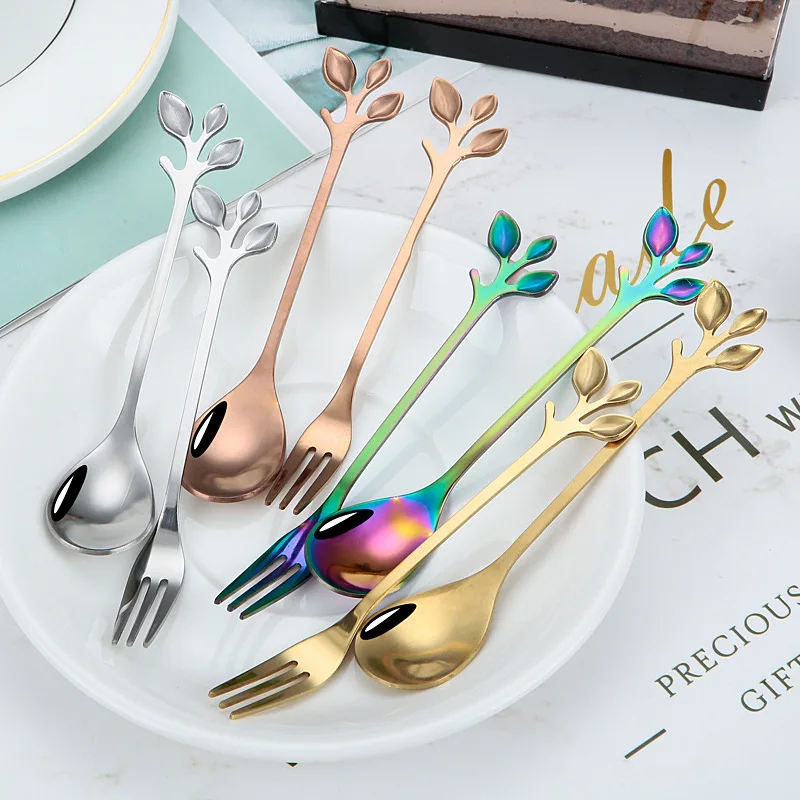 

Stainless Steel Leaves Spoon Fork Creative Tableware Dessert Coffee Tea Ice Cream Stir Utensils Kitchen Accessories Decoration