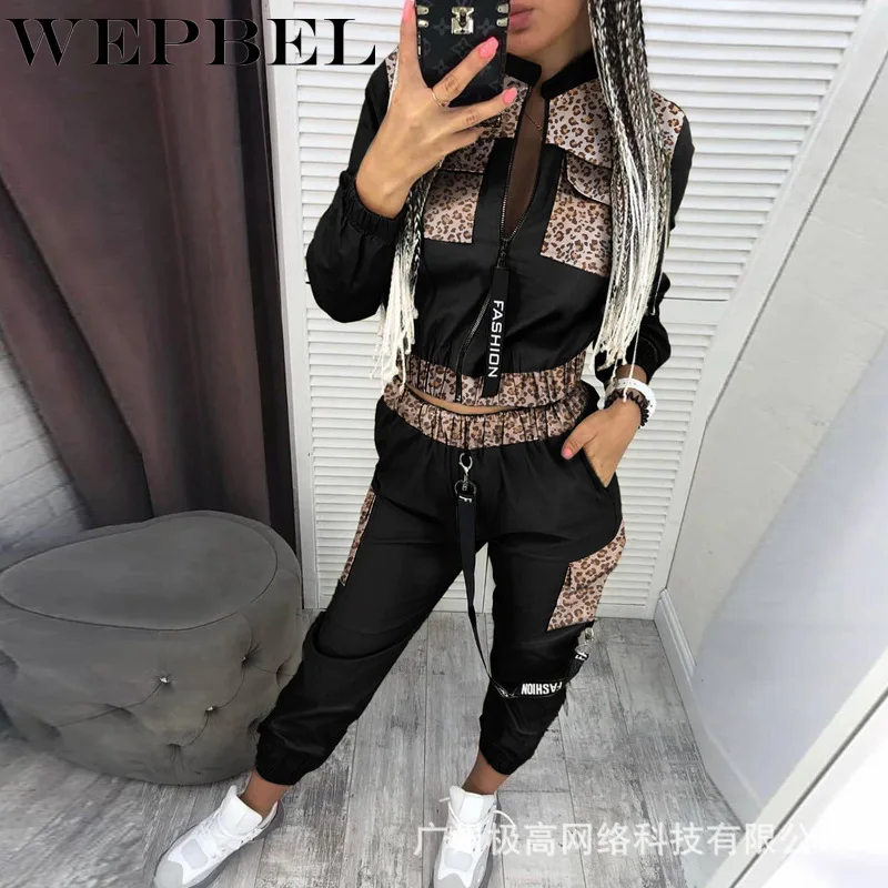 

WEPBEL Women Leopard Print Tracksuit Ladies Spring Autumn Patchwork Pocket Sport Two Piece Set Female Outfits