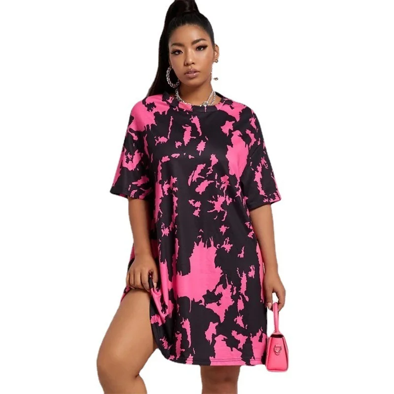 

Rose Red Tie Dye Dresses for Women Summer 2021 Vintage Harajuku Casual Streetwear O Neck Short Sleeve Plus Size Bodycon Dress