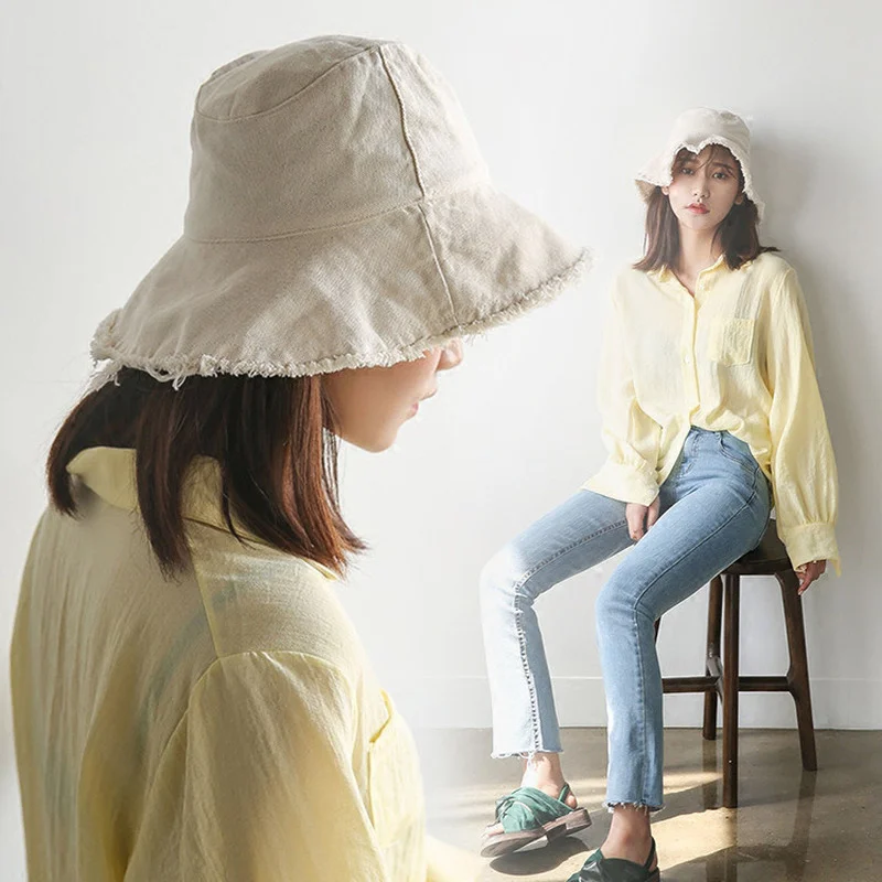 

Korea Spring Summer Frayed Denim Sun Hat Adult Sunscreen Basin Cap Women Fisherman Hat Casual Panama Gorros
