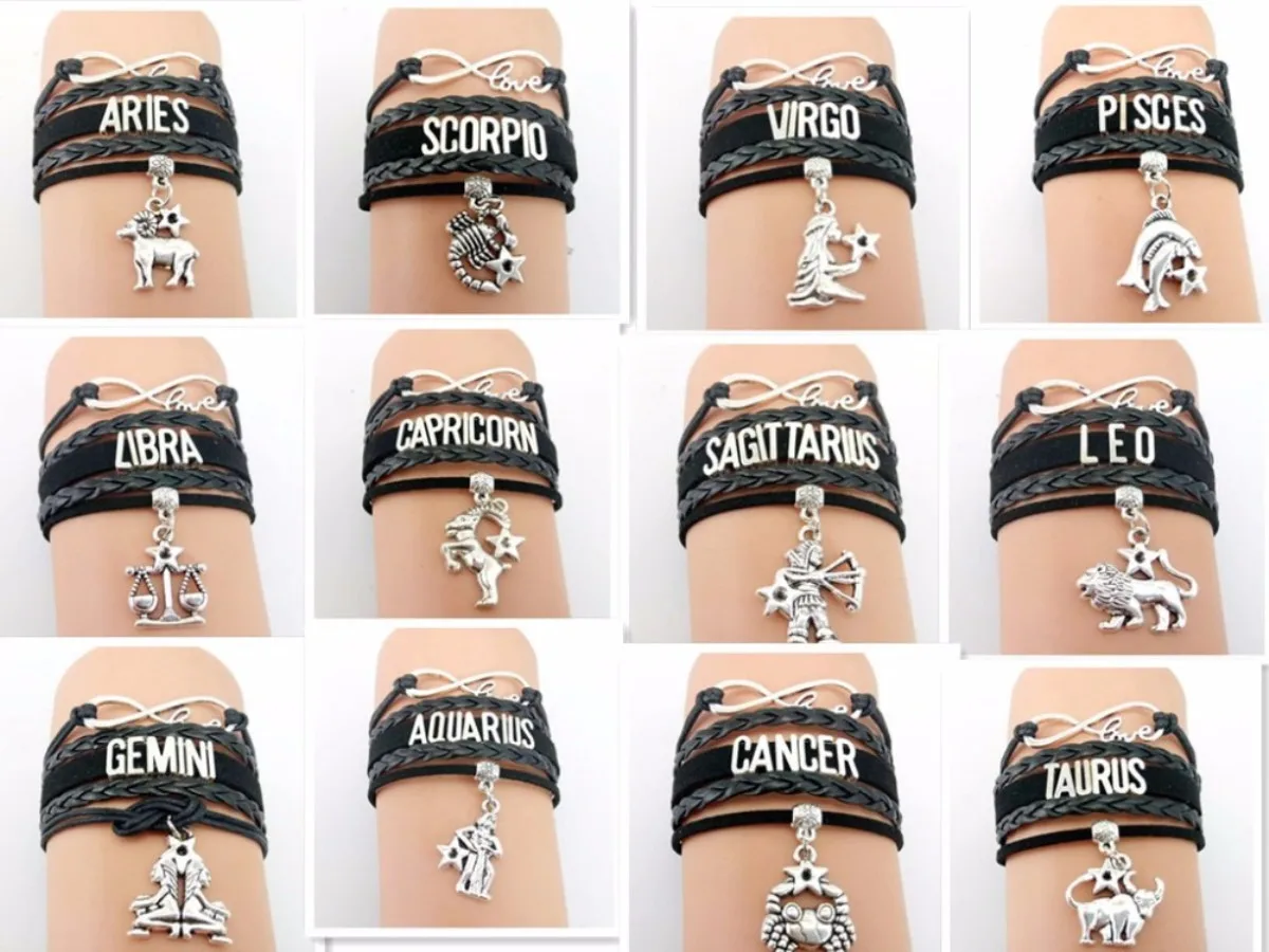 

12 Zodiac Signs Bracelet Womens Bracelets Beads Handmade Charm Leather Bracelet Punk Rock Men Jewelry