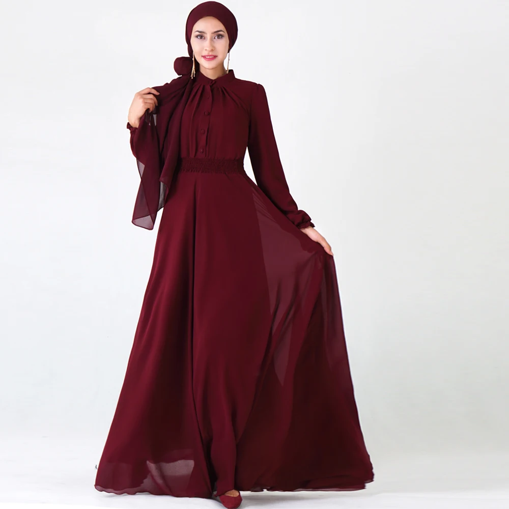 Wine Red Мусульманское платье-хиджаб трапециевидной формы с эластичной талией, женское однотонное платье Абая с пуговицами размера плюс, abaya Robes, Дубай, Арабская Исламская одежда - Цвет: Wine Red