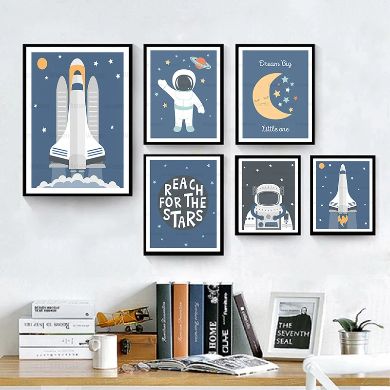 

Cartoon Poster Baby Nursery Print Adventure Space Astronaut Rocket Wall Art Canvas Painting Nordic Kid Picture Boy Bedroom Decor