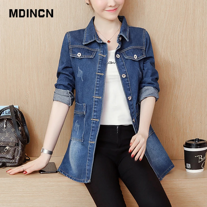 MDINCN джинсовая куртка с вышивкой тонкая весенняя длинная рваная для женщин