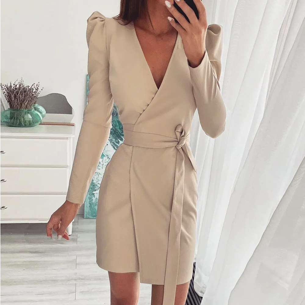 

2021 Autumn Long Sleeve Sexy Women's Dress V-neck Lace Up Solid Black Female Dresses New Fashion Casual Office Ladies Clothes