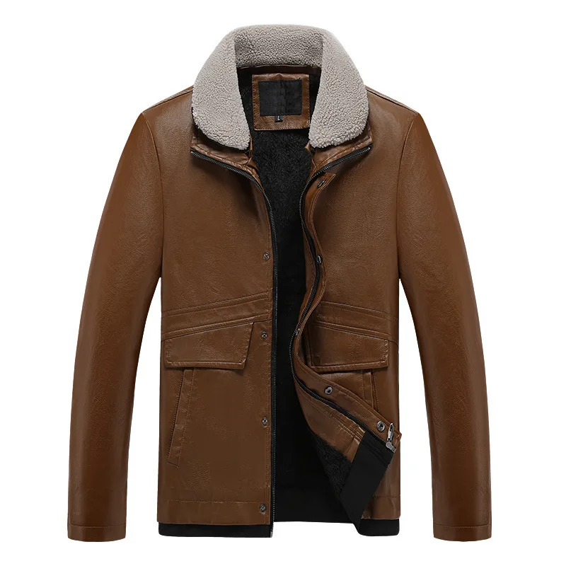 

Мужское кожаное пальто с меховым воротником, повседневное однотонное пальто из искусственной кожи, зима 2021