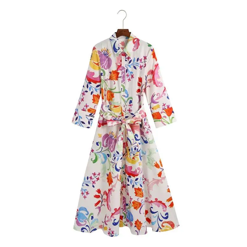 

Vintage Dress Women Floral Print Bow Sashes Midi Shirt Dresses Female Chic Long Sleeve Casual Slim Vestidos 2021 New Fashion
