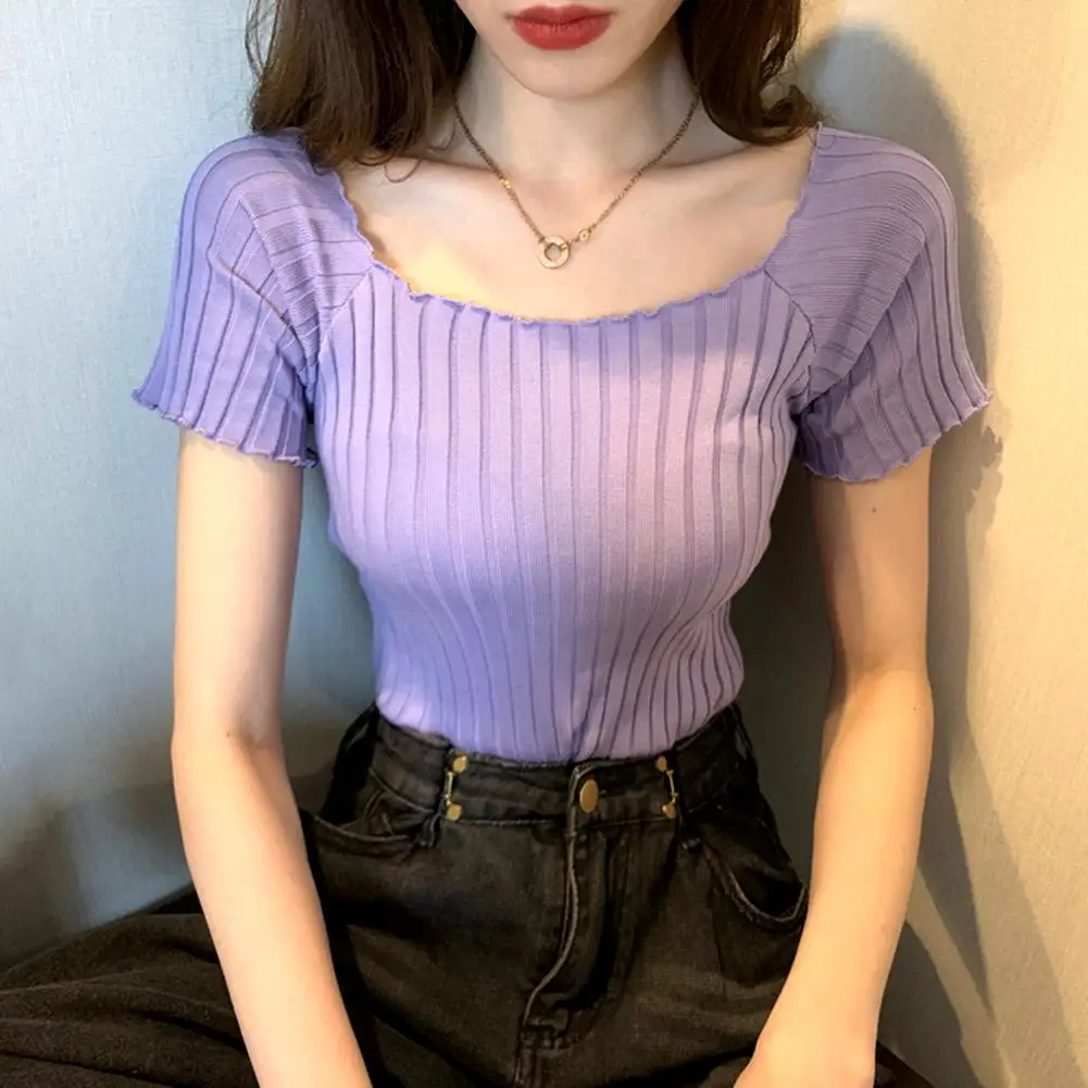 

Women Fashion Short Sleeve Off Shoulder Wavy Brims Slim Knitted T-shirt Top