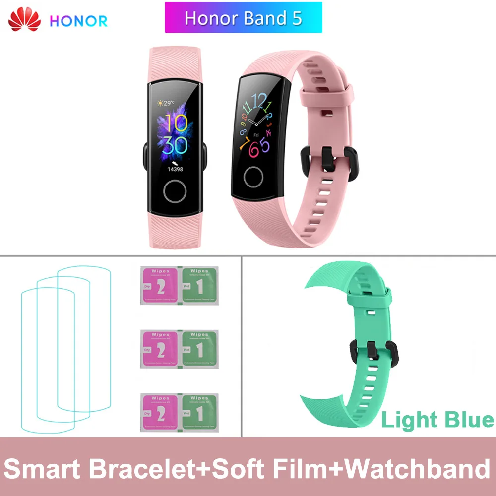 Pink add LBlue Strap HONOR Band 5 фитнес умный Браслет мониторинг сердечного ритма 5 АТМ водонепроницаемый плавающий Bluetooth 4,2 смарт часы наручные часы - Цвет: Pink add LBlue Strap