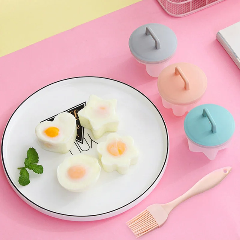 

4 Pcs/Set Cute Egg Boiler Plastic Egg Poacher Set Kitchen Egg Cooker Tools Egg Mold Form With Lid Brush Pancake Maker