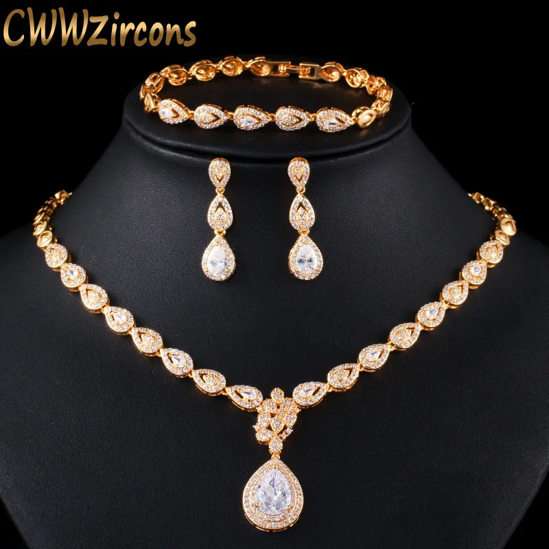 Набор украшений CWWZircons из золота 585 пробы с фианитом серьги капли ожерелье браслет