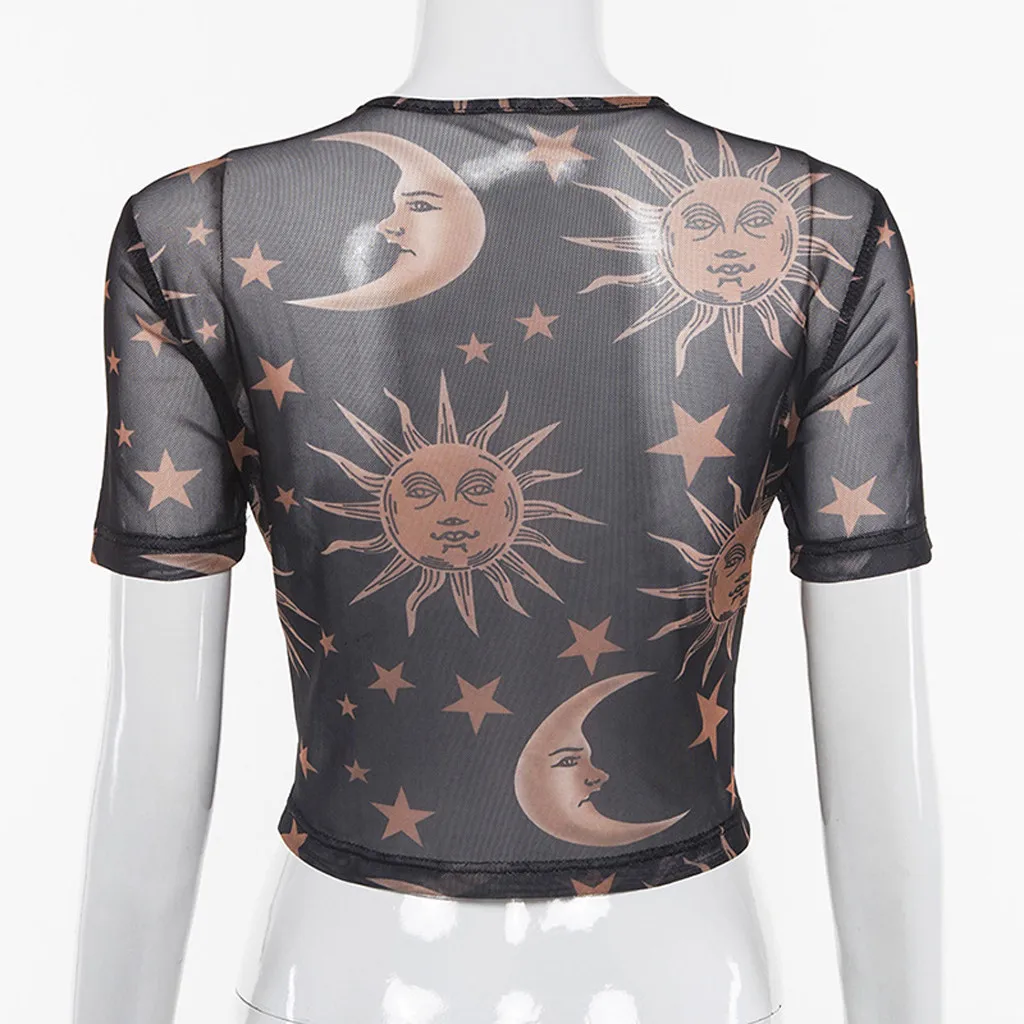 Fashion Women Sexy Short Sleeve T-Shirt O-Neck Print Perspective Mesh Navel Top Slim Basic Casual Female Tops 2019 Summer | Женская