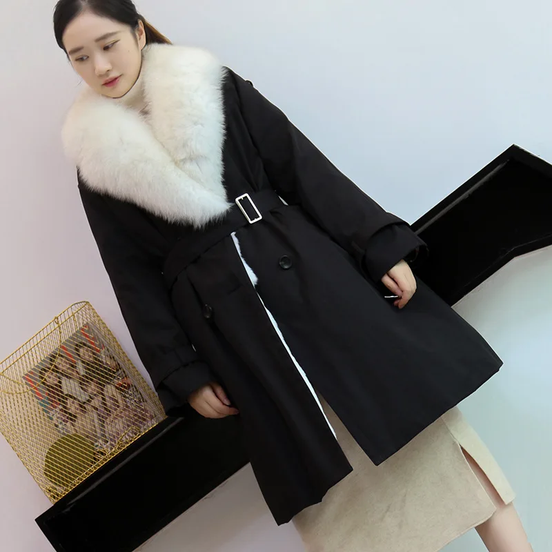 Fashion Winter Women Real Fur Coat Rex Rabbit Fur Liner Fox Hair Turn-down Collar Detachable Warm Mid-Length Parkas Office Lady