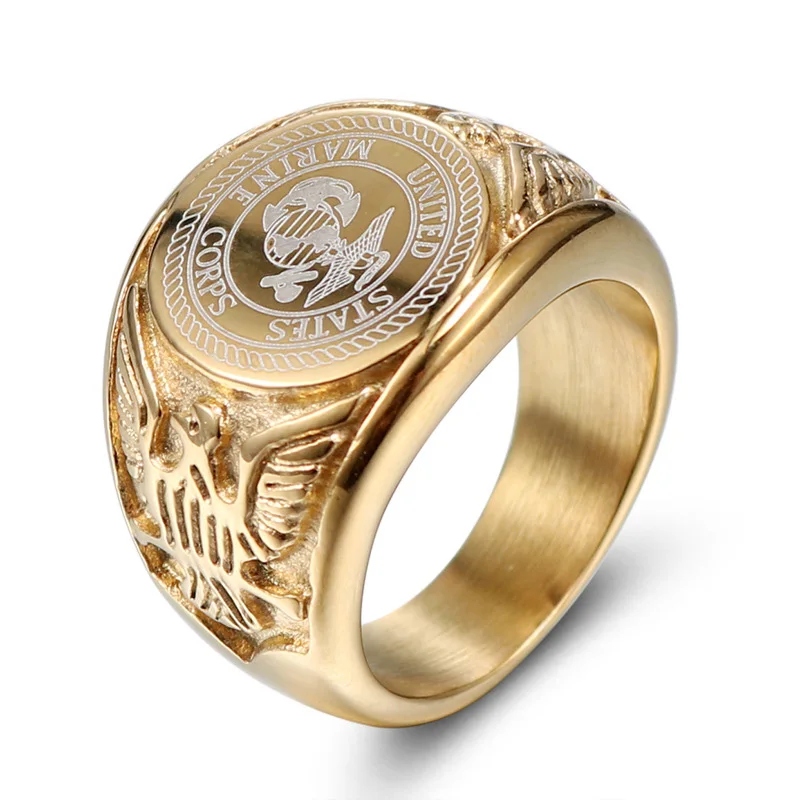 gold Olowu US морской корпус военные кольца из нержавеющей стали значок орел армии США мужские перстни ювелирные изделия золото серебро - Цвет основного камня: gold