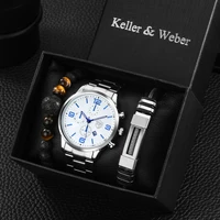 mens watches top brand luxury mens watch bracelet set gift silver stainless steel quartz watches casual business watch for men
