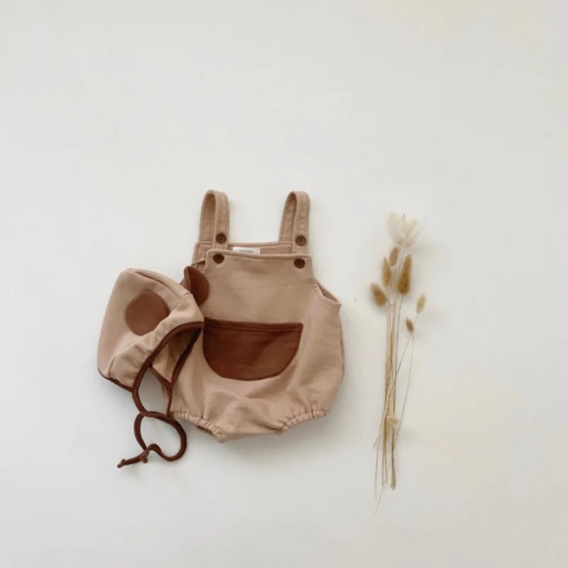 2021 Autumn New Cute Baby Bodysuit Big Pocket Overalls Newborn Infant Jumpsuit Sleeveless Strap Bodysuit + Bunny Ear Hat